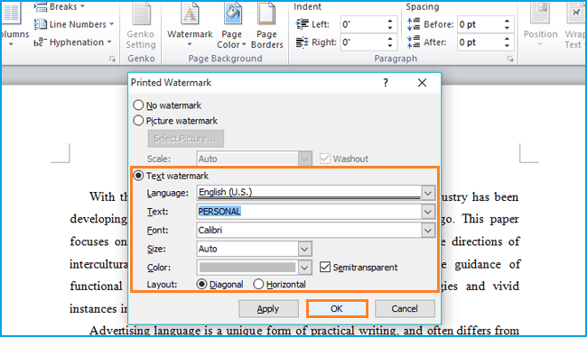 set text watermark in word