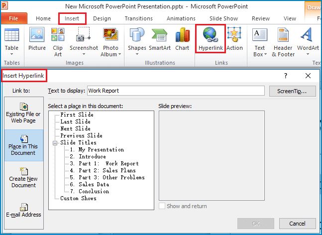 open insert hyperlink dialog box