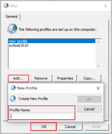 create new profile outlook 2010