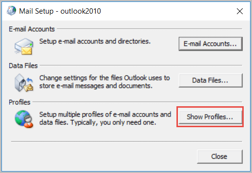 show profiles outlook 2010