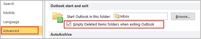 empty deleted items folders when exiting outlook