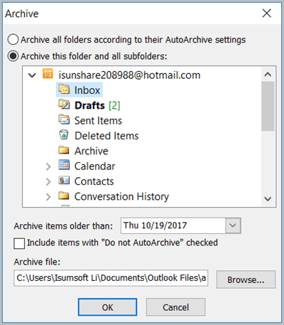 manually archive emails outlook