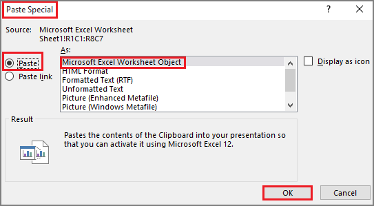 paste as microsoft excel worksheet object