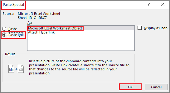 paste link as microsoft excel worksheet object