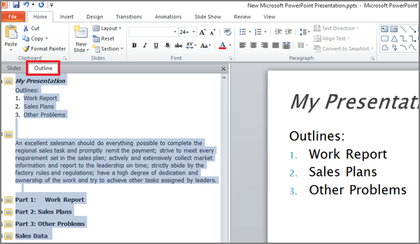 click outline on the powerpoint