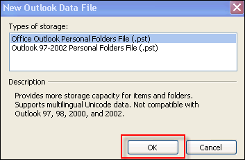 choose new outlook data file type