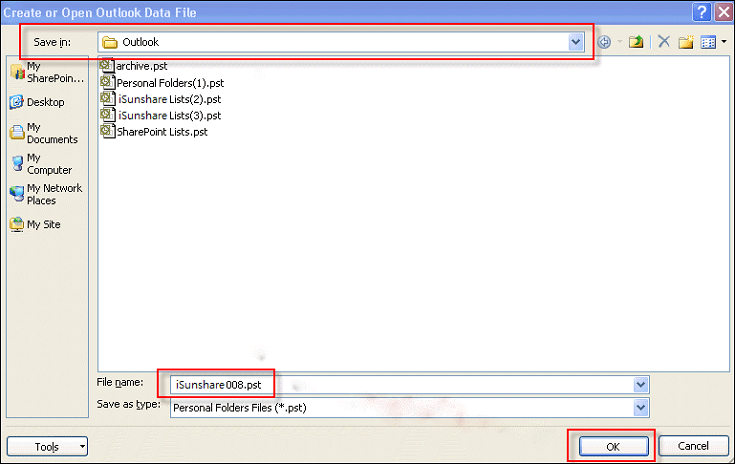 define the name and location of new pst file