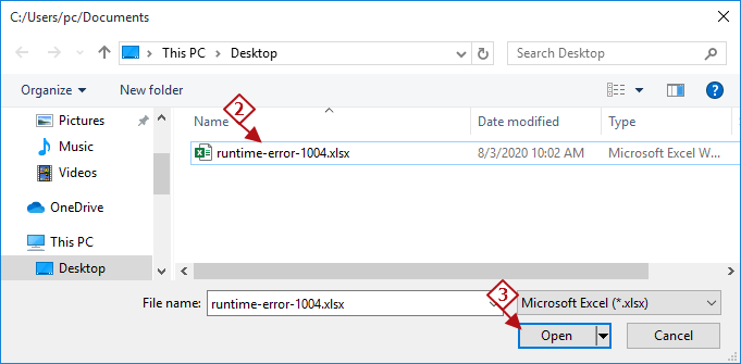 open runtime error 1004 excel file