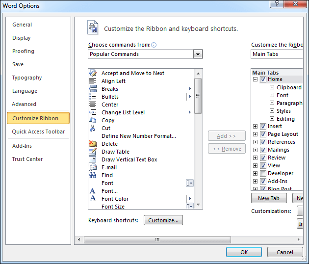 find customize ribbon option