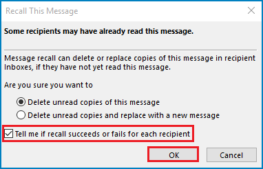 check the tell me if recall succeeds or fails for each recipient