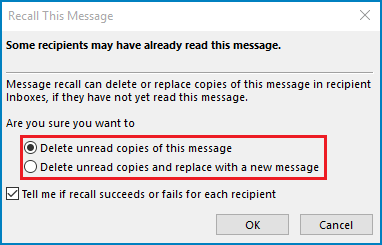 two options in recall this message panel