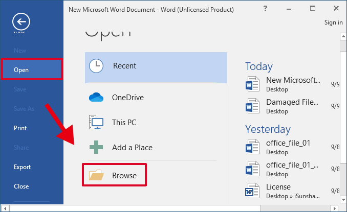 select the target word document