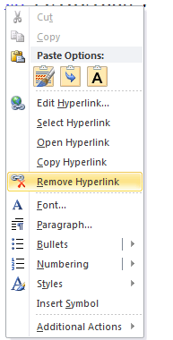 remove hyperlink in word shortcut