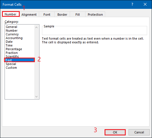 set format cells to text