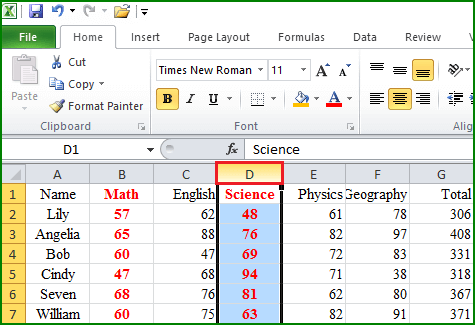 click the heading of the target column