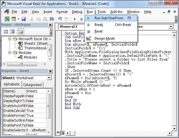 run codes to list files to worksheet