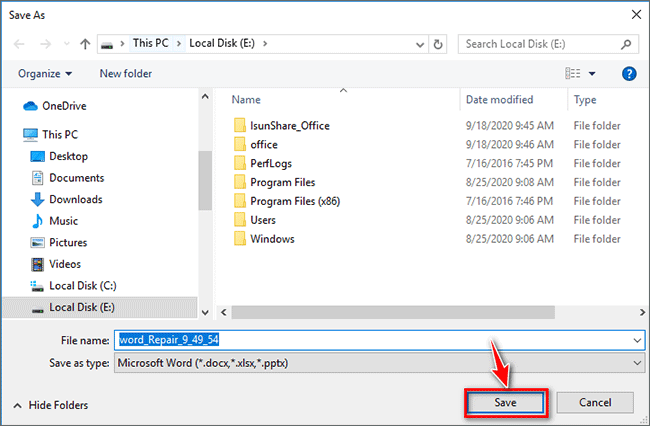select the folder to store repaired file