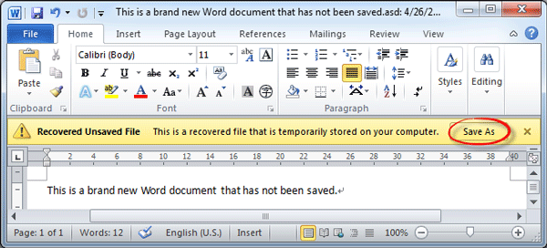 recover unsaved file by clicking Save As button