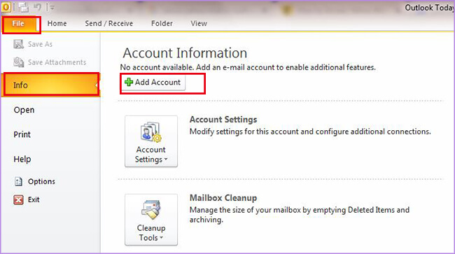  add account in Outlook 2010