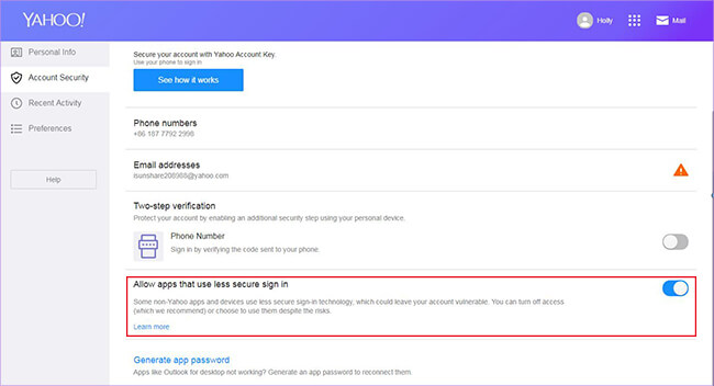 turn on allow apps that use less secure sign in option