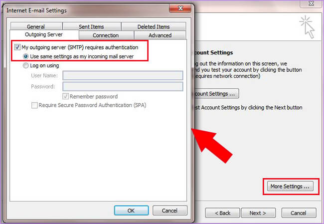 click More Settings to tick Outgoing server option