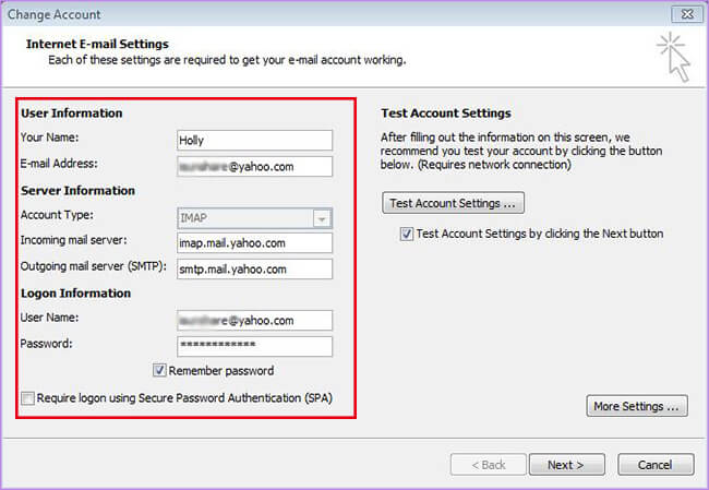 email settings for att yahoo mail