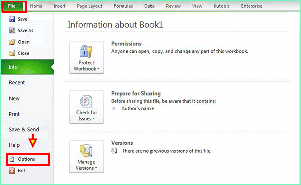 click Options under File tab