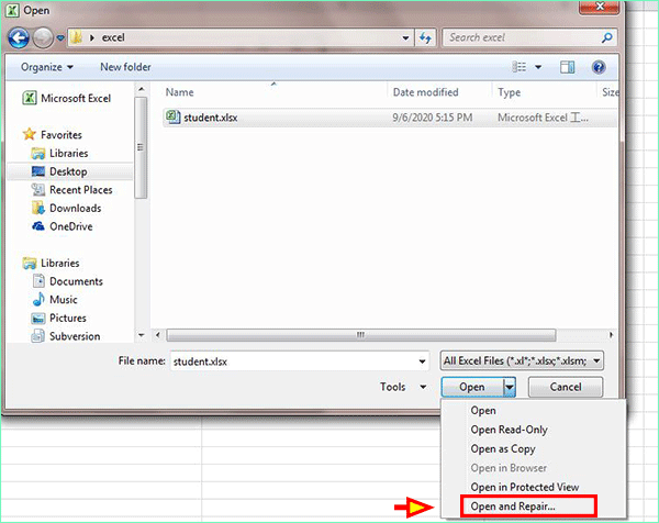 select the file and choose Open and Repair option