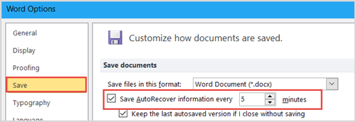 uncheck save autorecover information