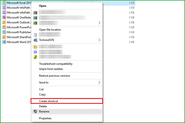 create excel shortcut