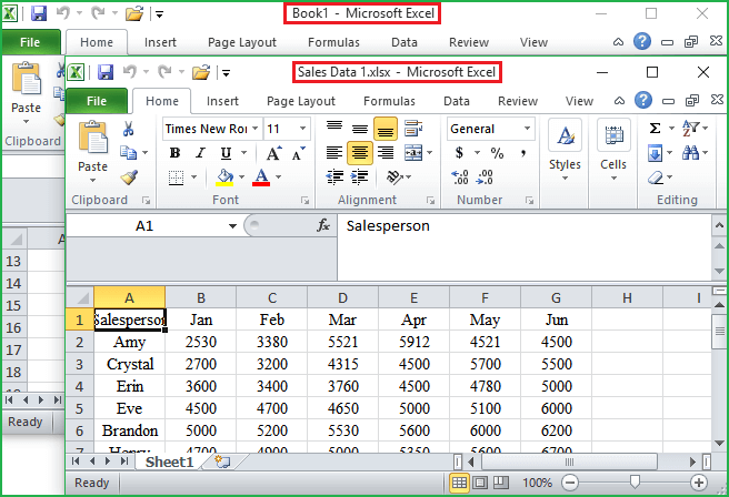 two workbooks opened in different windows
