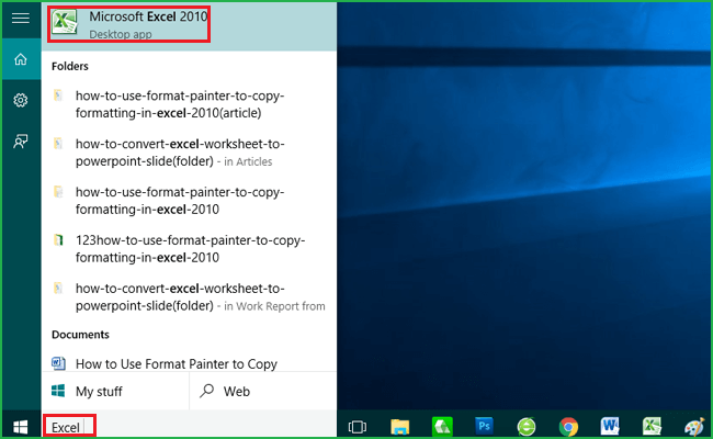 use the start menu to open excel