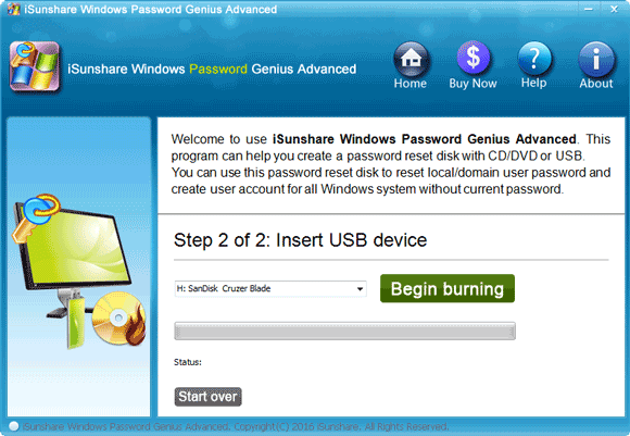 Brucia il disco USB reimpostato password Windows 10