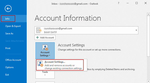choose account settings option in outlook 2016