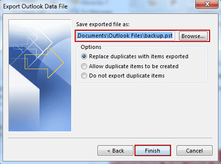 select exported .pst file location