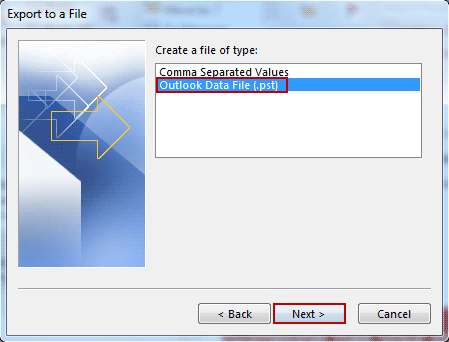 select exported file type .pst