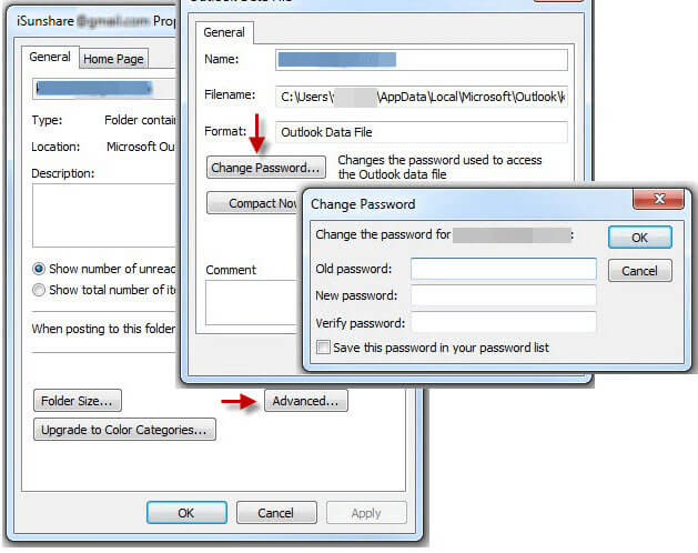 open the email data file properties to change password