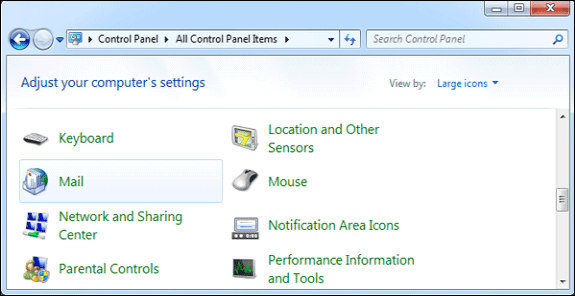 sélectionner l'élément de courrier dans le panneau de configuration