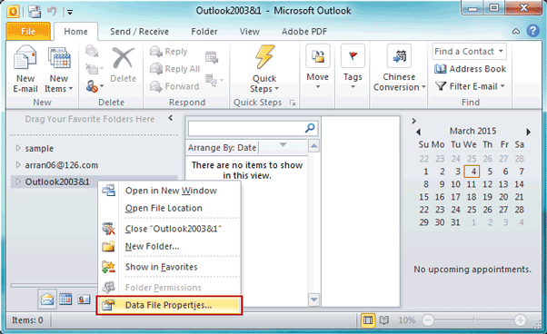 open outlook pst data file properties