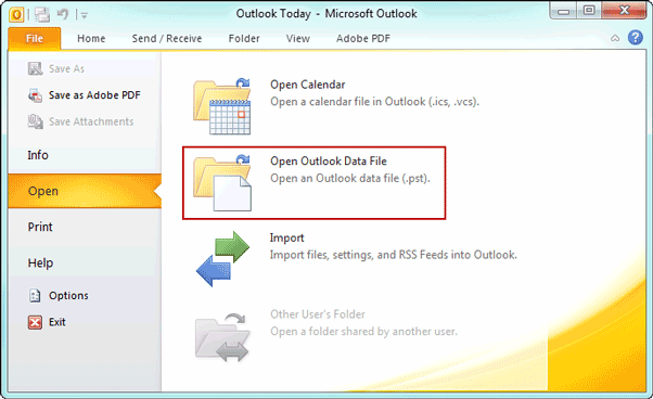 Microsoft OutlookでOutlook PSTデータファイルを開く