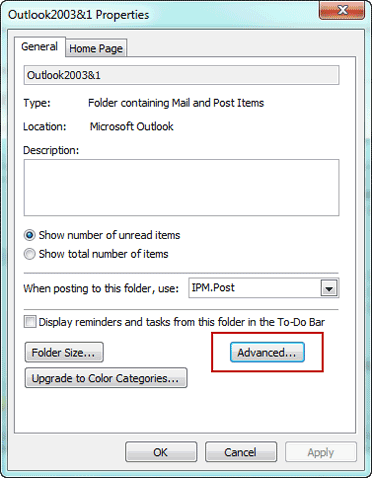 
Fenster mit den Eigenschaften der Outlook-PST-Datei