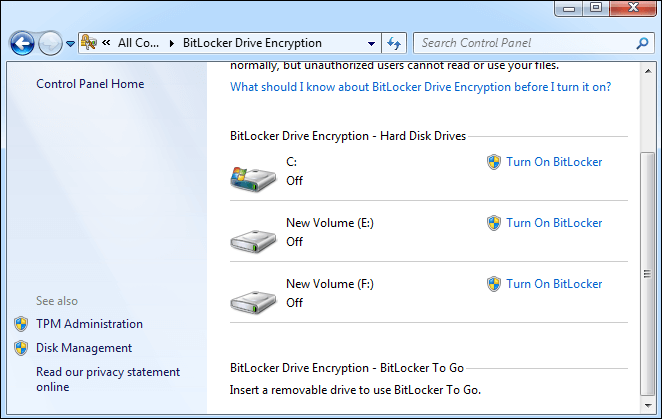 choose drives to turn on bitlocker