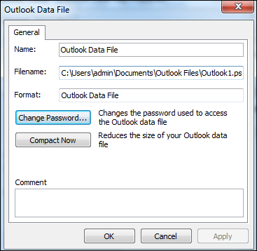 click change password in outlook data file