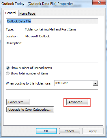 find advanced in outlook properties dialog