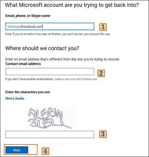 fill in Microsoft Outlook account details