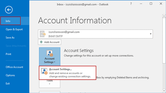 choose account settings in outlook 2016