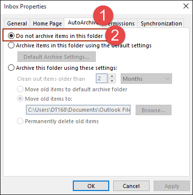 uncheck do not archive items in this folder