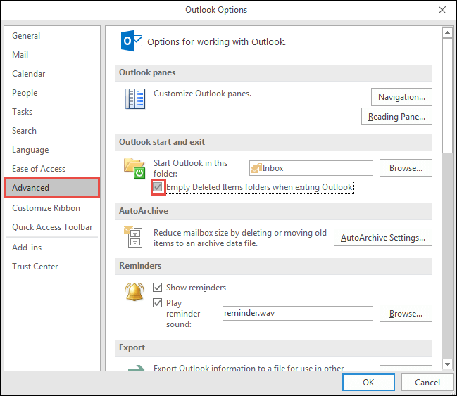 uncheck the empty deleted item when exiting outlook