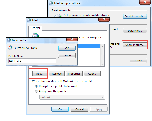 add new email profile in outlook