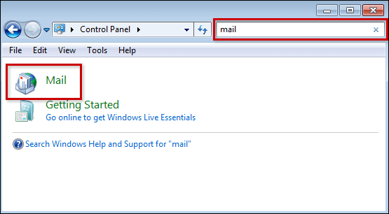 find mail in control panel